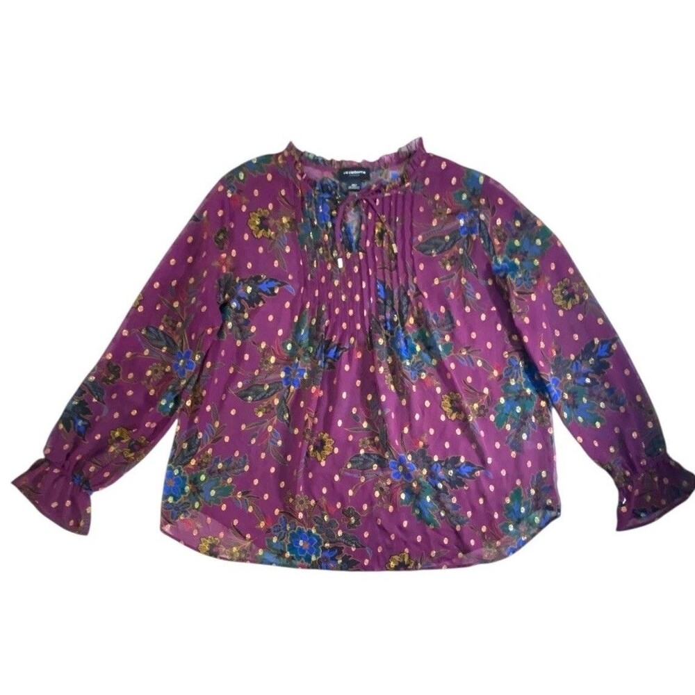 Liz Claiborne Career Blouse Women XXLT Purple Floral Gold Dot Semi Sheer Tie Nec